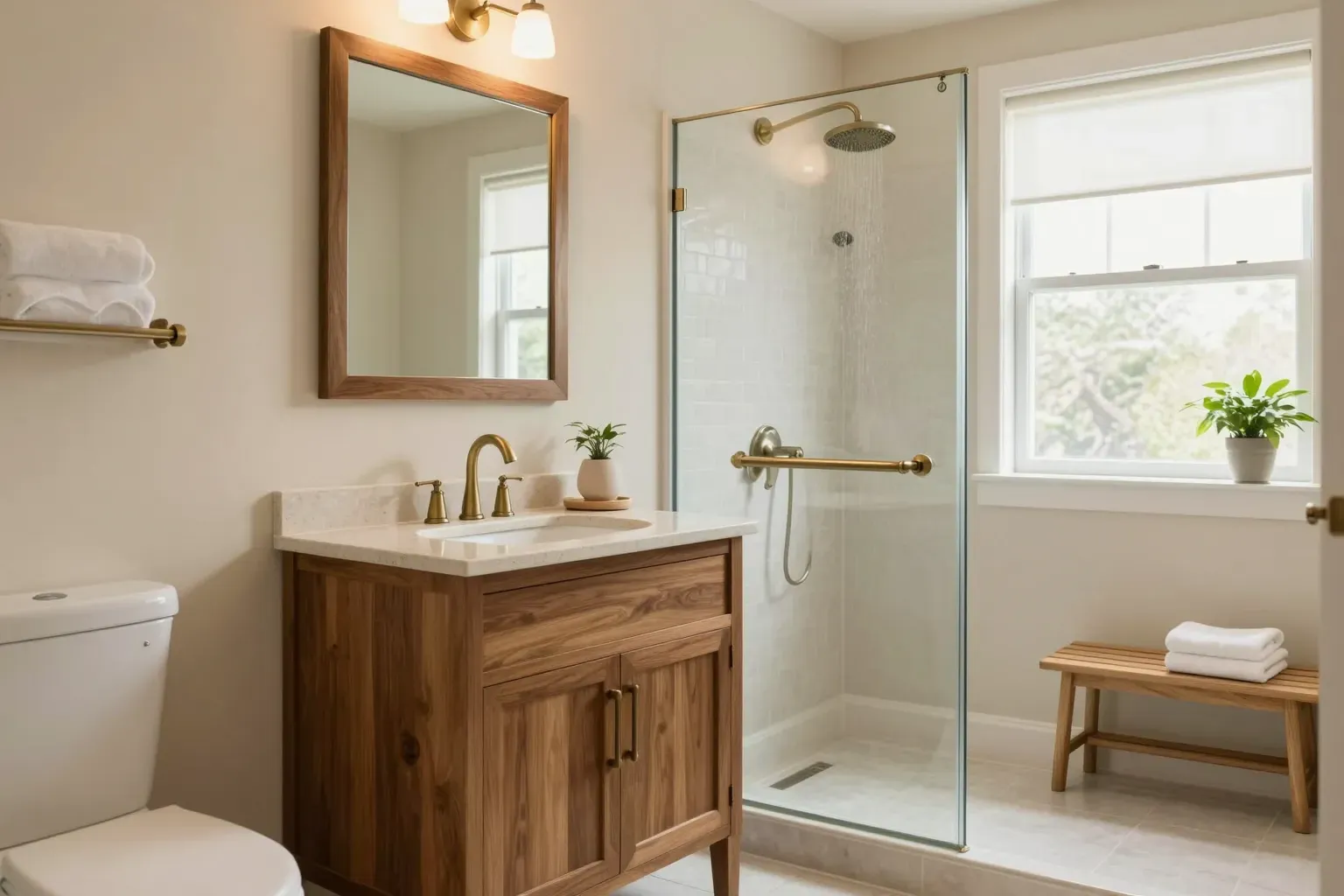 A warm, light-filled home bathroom with a walnut vanity, brushed-brass fixtures, and a curbless walk-in shower with a designed grab rail and a wooden bench.