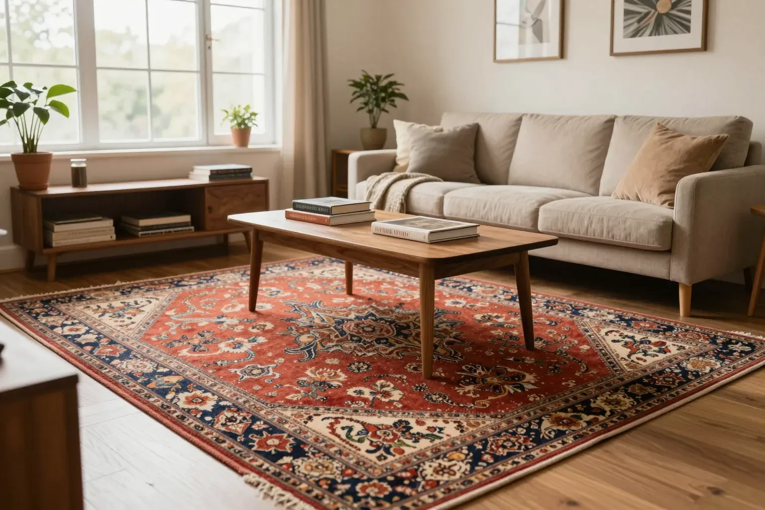 A cozy living room with a patterned hand-knotted wool rug under a wooden coffee table, lit by natural window light.
