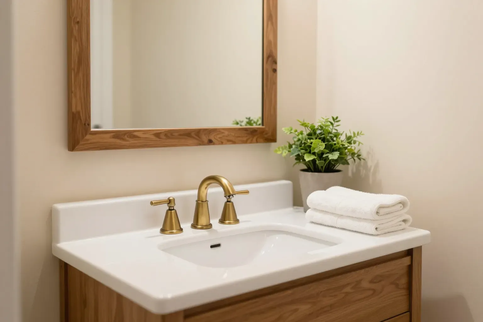 A small bathroom refreshed with a brushed-brass faucet, a wood-framed mirror, fresh cream paint, and folded towels.