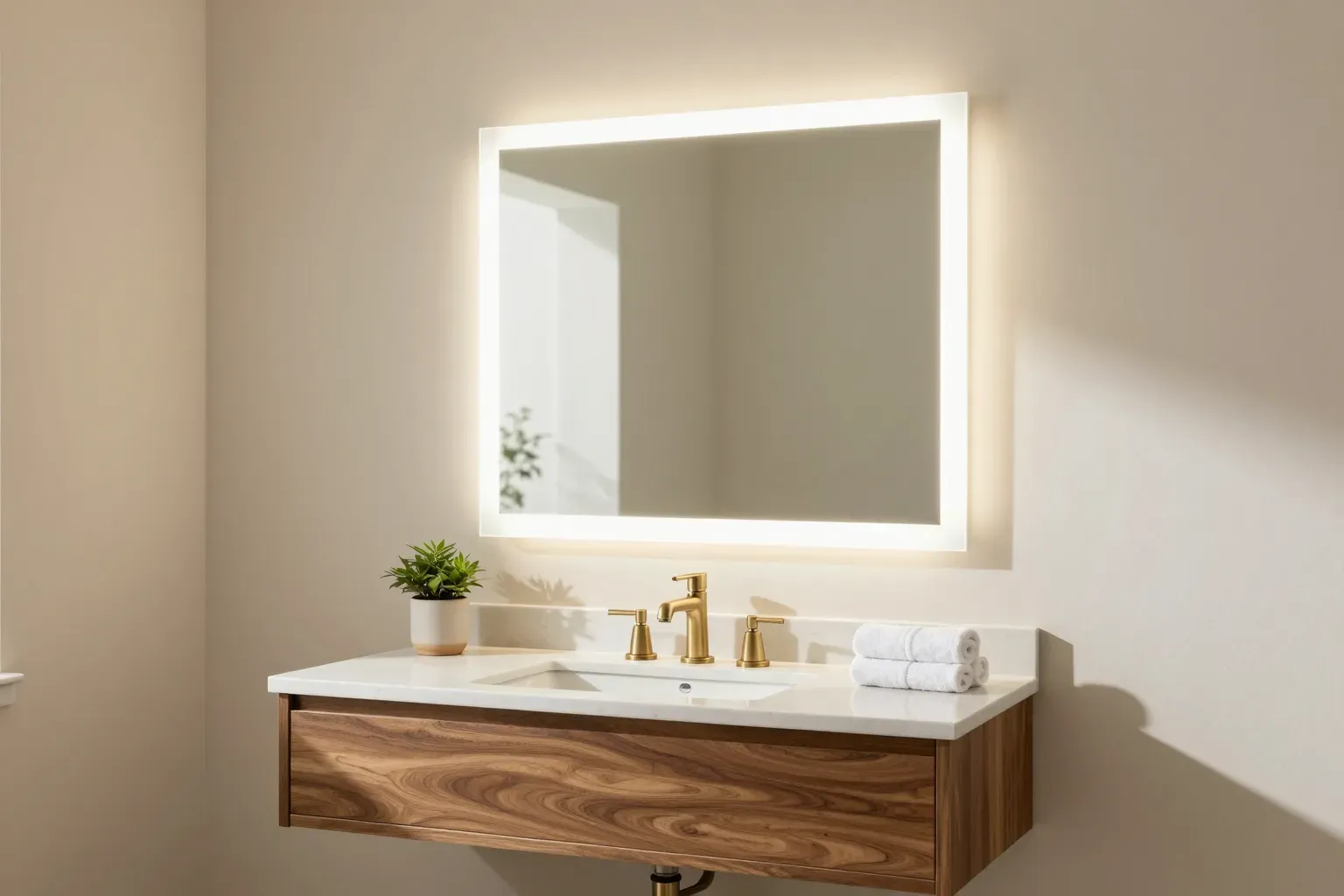A warm walnut floating vanity beneath a glowing backlit LED mirror, with a brushed-brass faucet and white stone countertop.