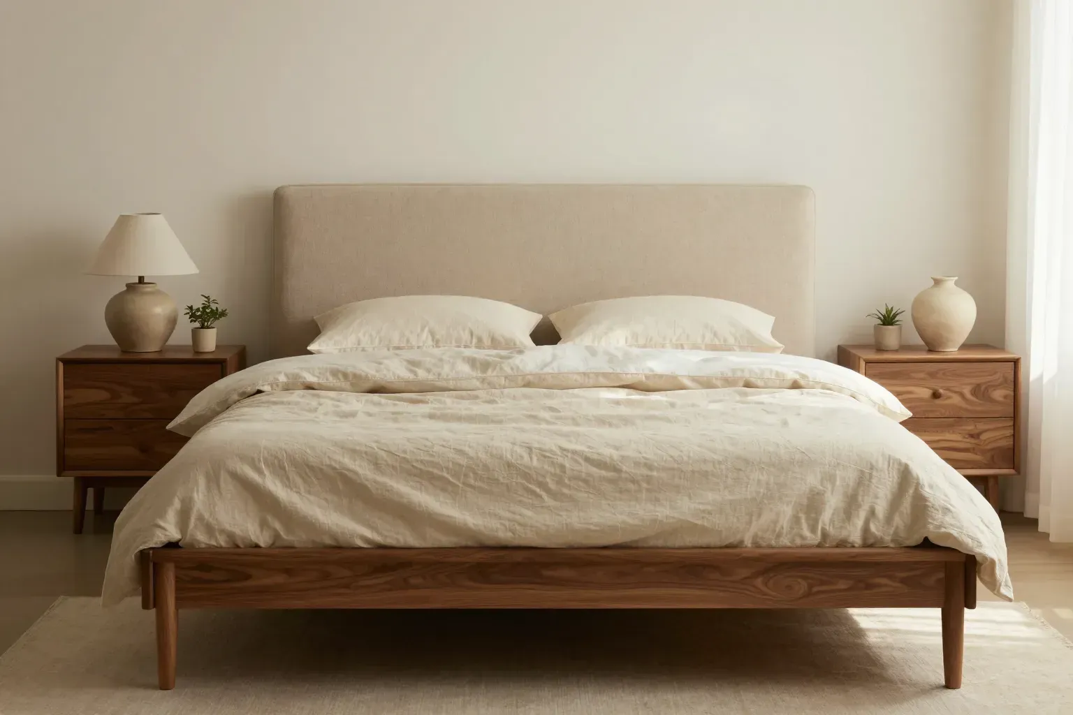 A calm bedroom with a walnut-framed upholstered bed in oatmeal linen, matching wood nightstands, and soft morning light through sheer curtains.