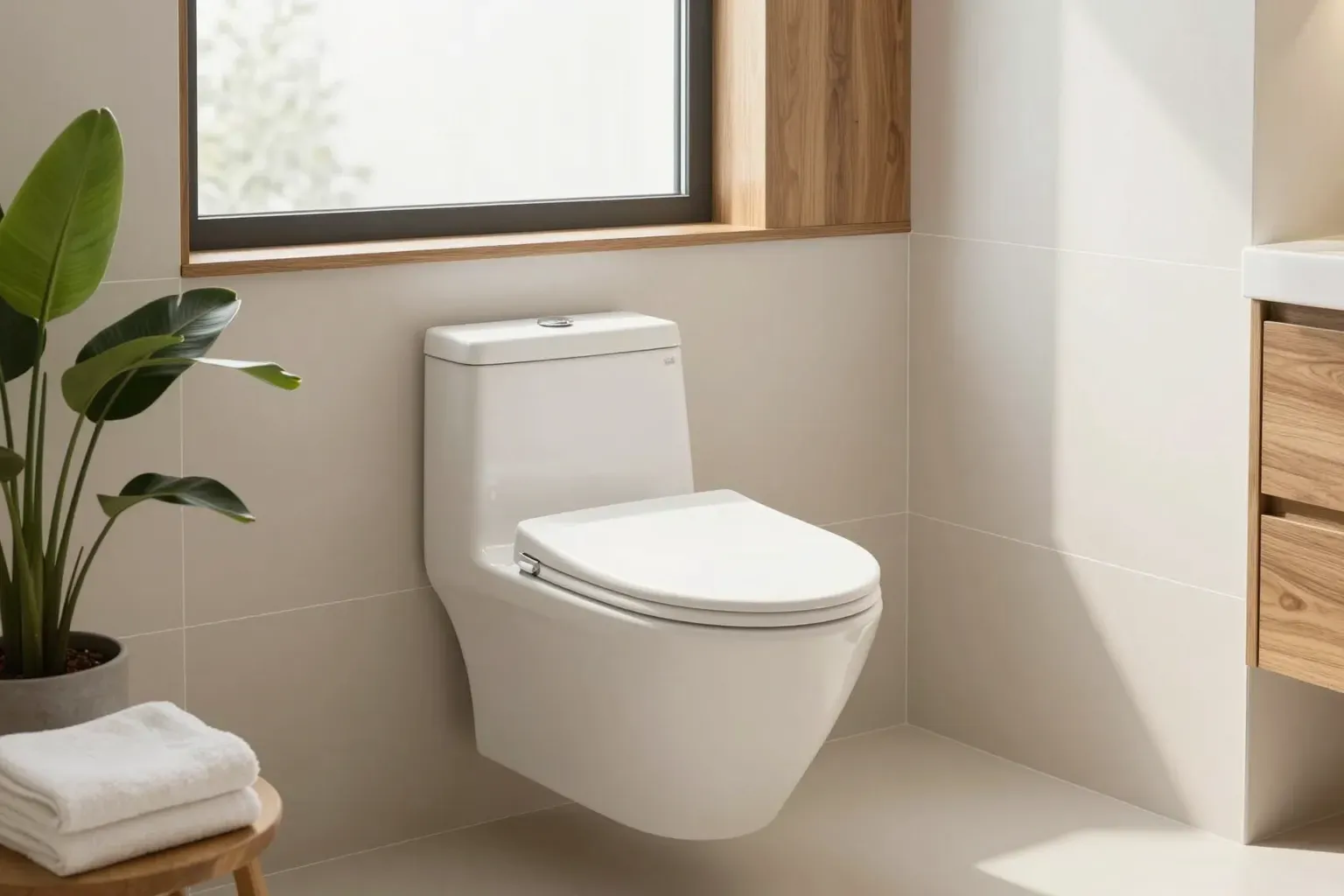 A calm modern bathroom with a sleek wall-hung toilet fitted with a white electric bidet seat, warm walnut accents and soft natural light.