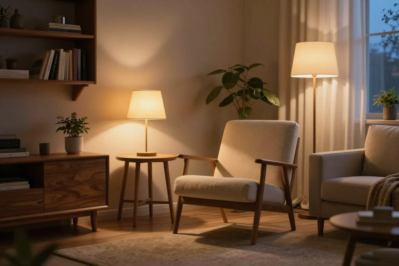 A cozy living room at dusk lit by a glowing table lamp and a floor lamp, with layered warm light making the space feel finished.