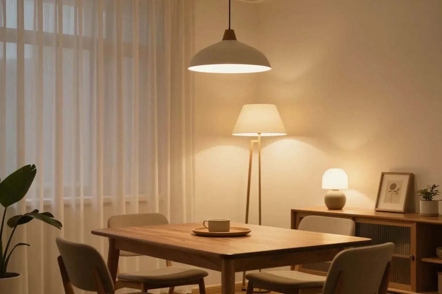 A warm dining nook at dusk lit at three heights: a pendant glowing over a walnut table, a slim floor lamp in the corner, and a small ceramic table lamp on a sideboard.