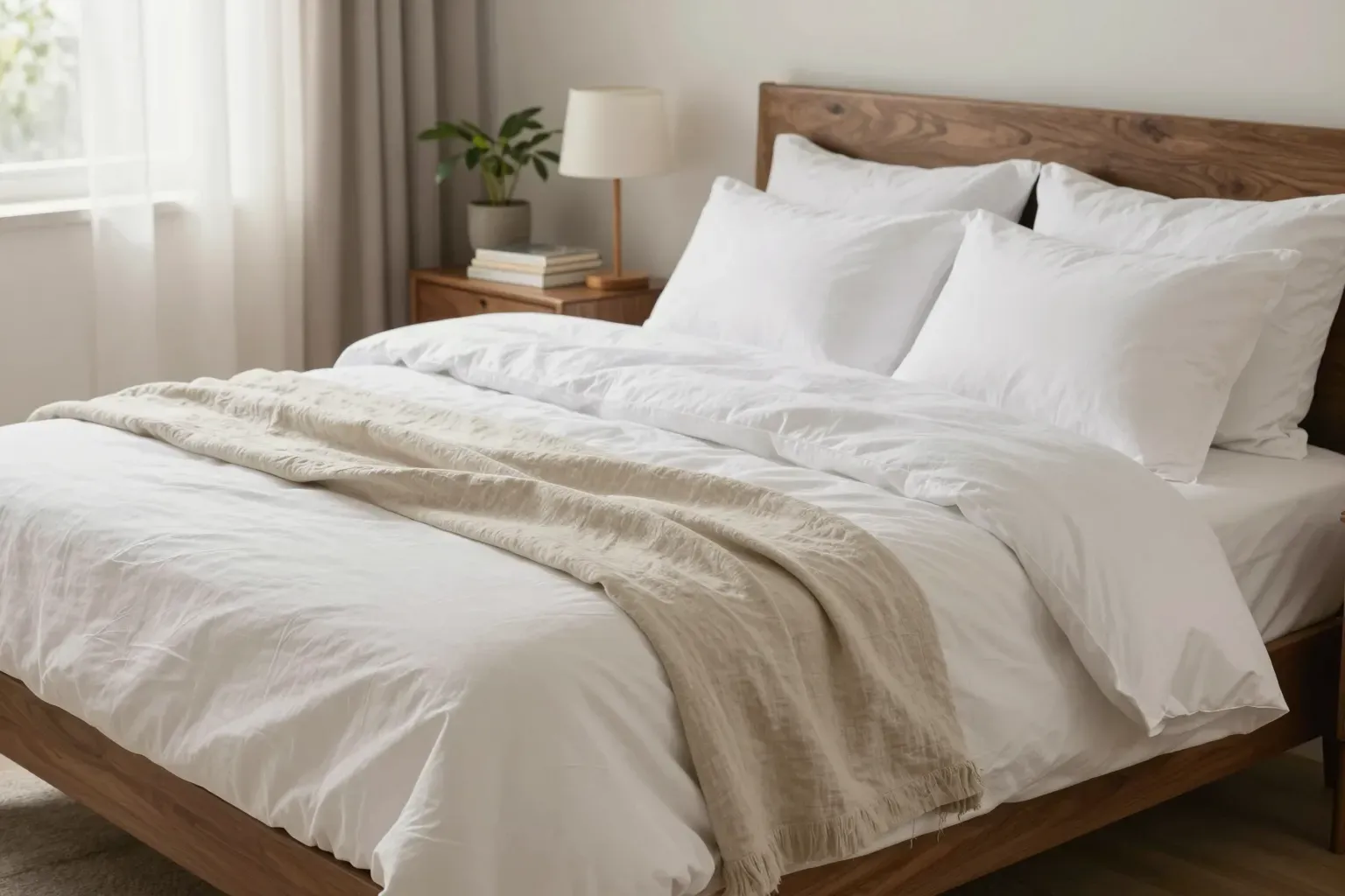 A neatly made bed with a quality mattress in a calm, warm bedroom with a walnut nightstand and soft morning light.