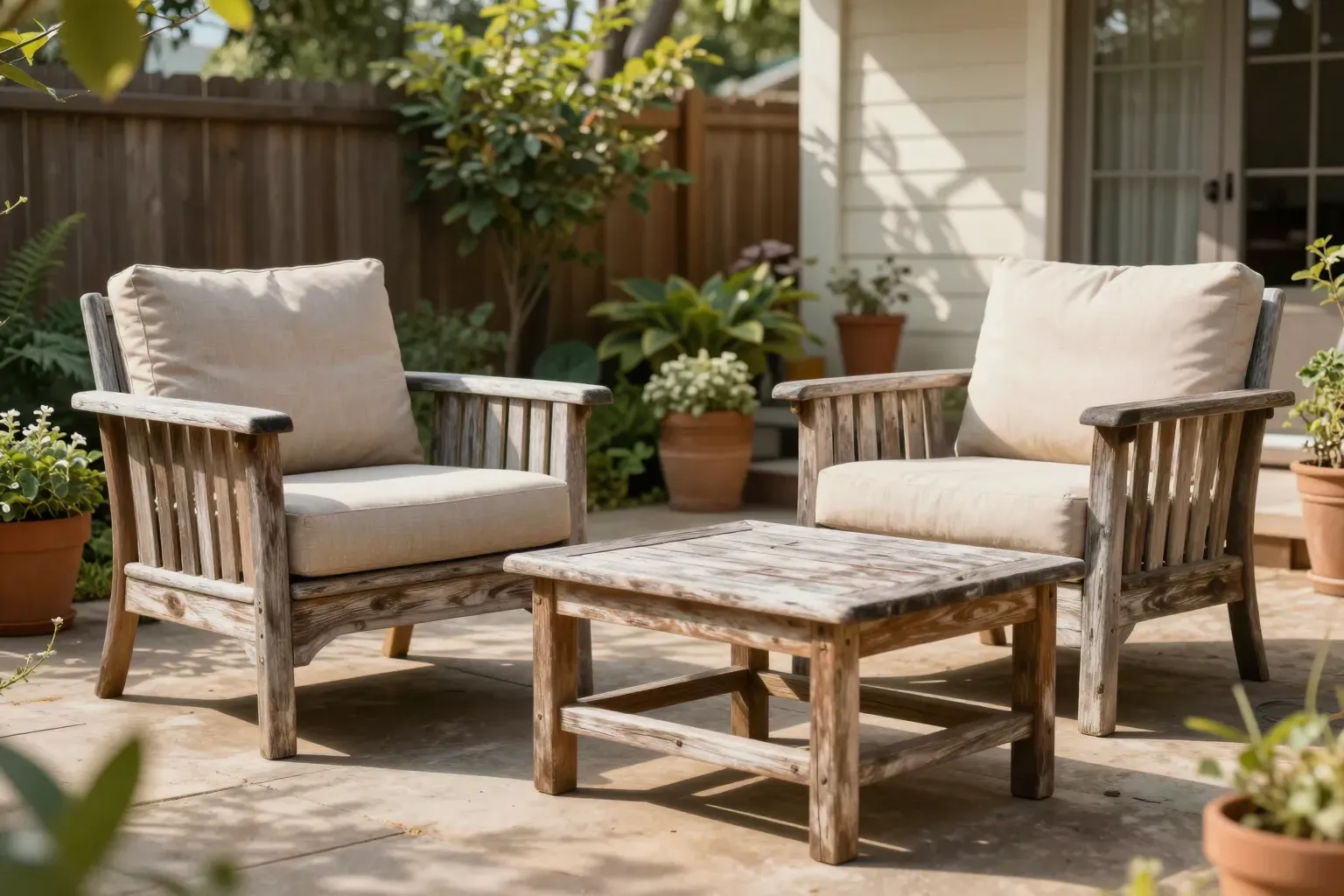 Weathered teak patio chairs and a low table on a sunlit backyard patio surrounded by potted plants.