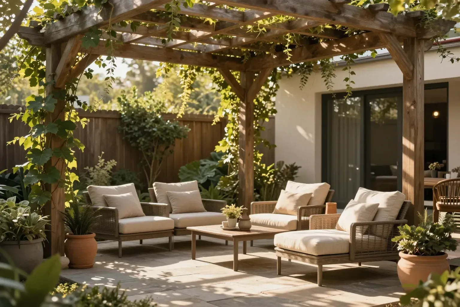 A backyard cedar pergola over a stone patio, dappled afternoon light falling through the slats onto linen-cushioned lounge chairs and potted greenery.