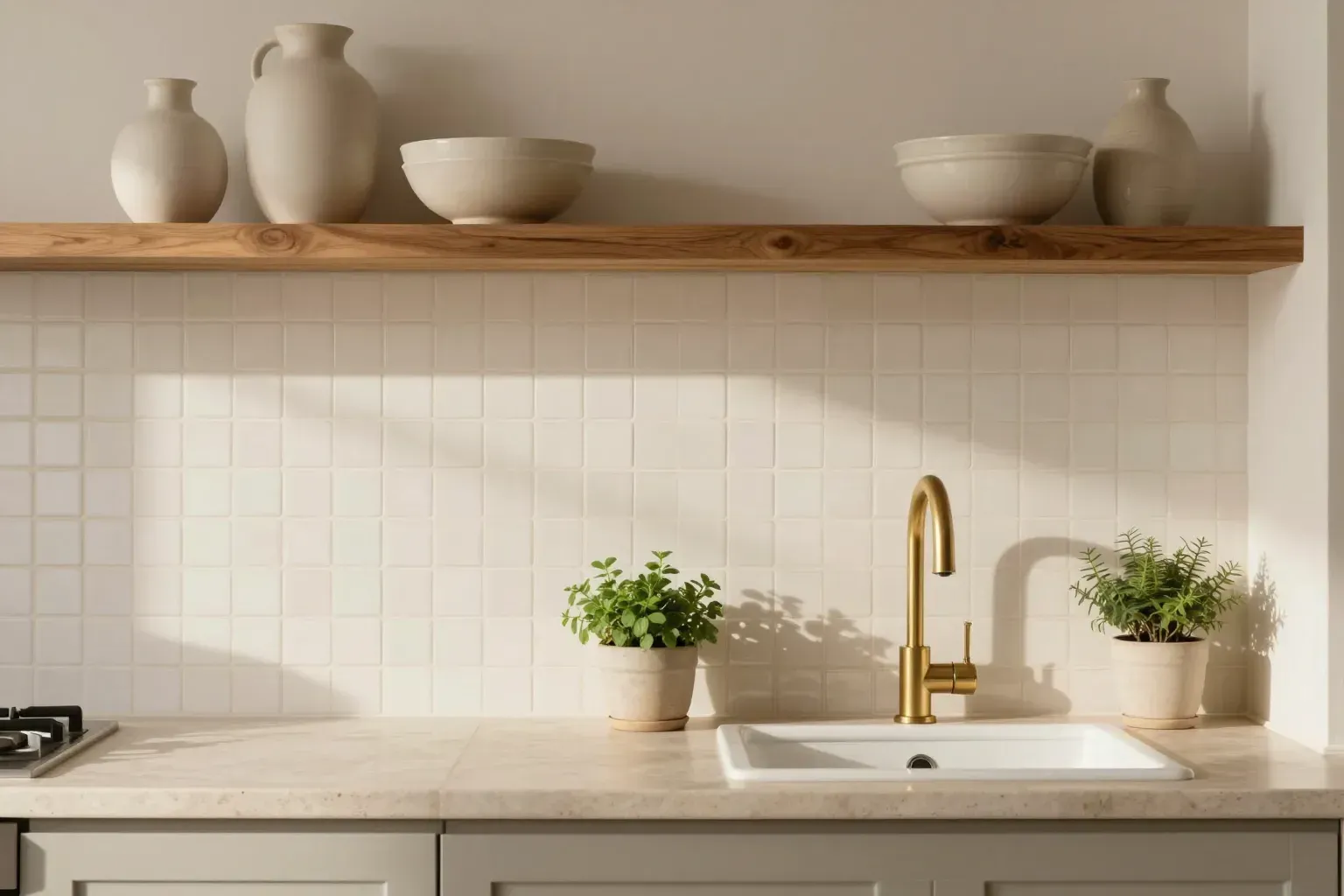 A bright kitchen with a handmade square tile backsplash in soft white, a walnut open shelf of ceramics above, a brass faucet and honed stone counter in warm daylight.